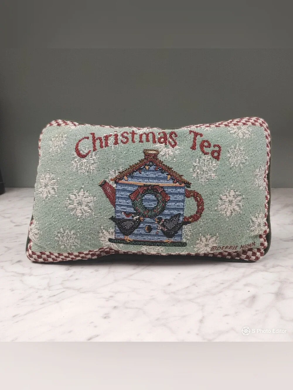 VTG cottage Debbie Mumm tapestry Snowflake Rectangle green Pillow Christmas Tea